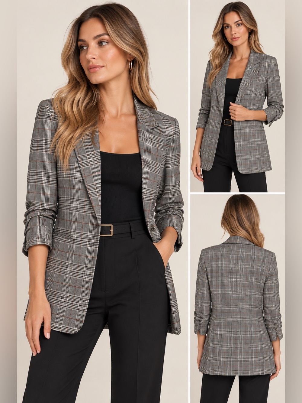 Philosophy Plaid Blazer Gray Black Ruched Sleeve Jacket S/P NWT